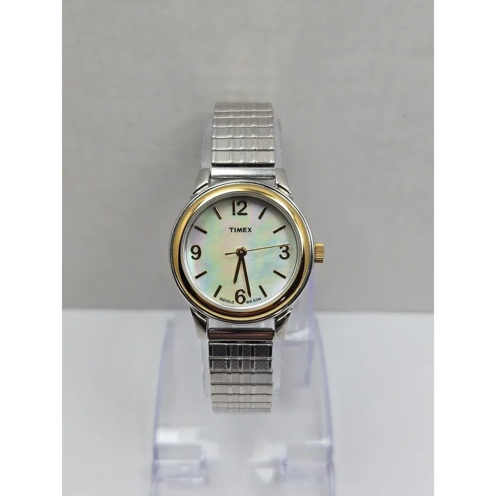 Timex T2N842 Elevated Classics MOP Indiglo 50M Two Tone Analog Watch New Battery